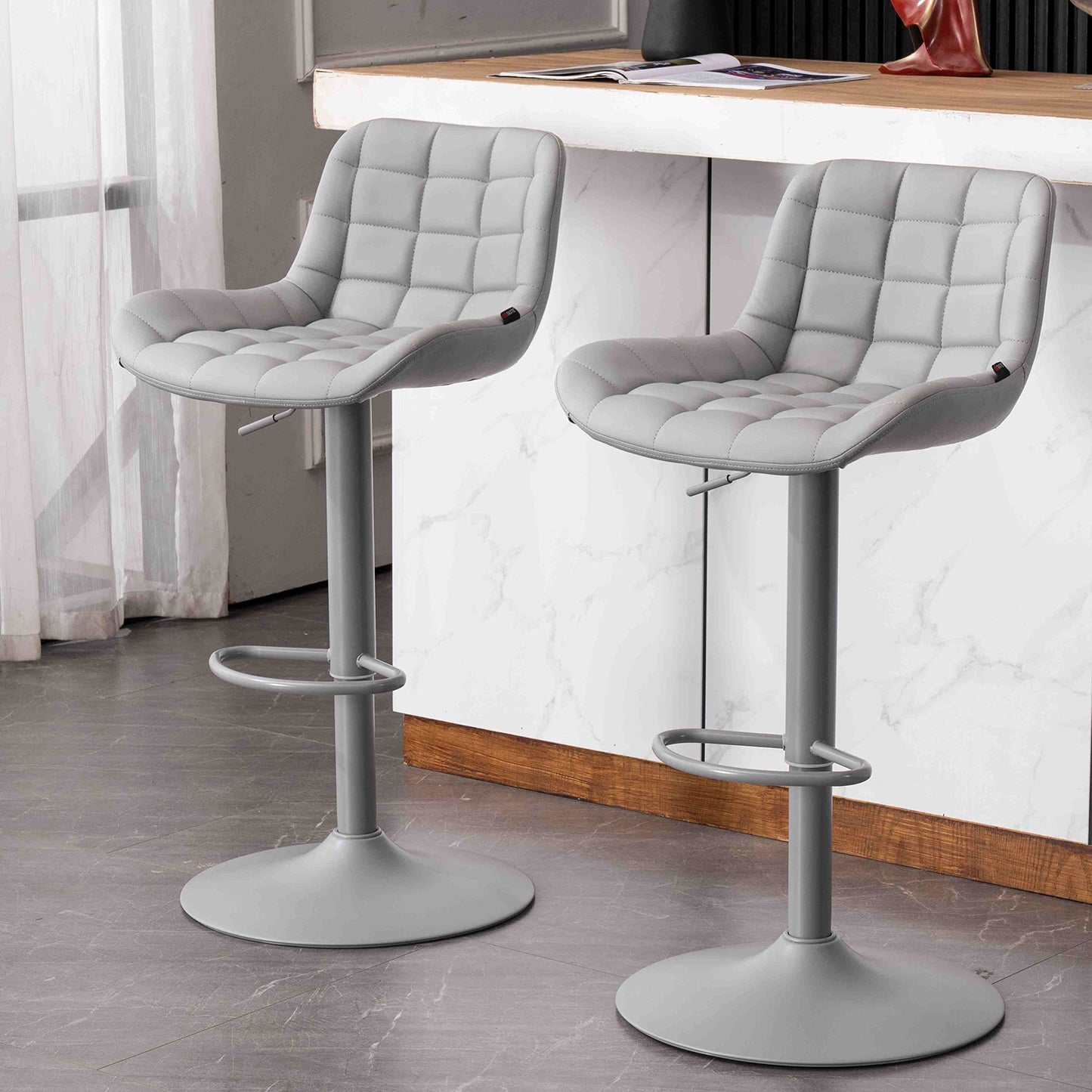 Grey Bar Stools Set of 2 Counter Height Bar Stool Faux Leather Upholstered Metal Barstools Modern Adjustable Swivel High Back Bar Chairs Home Kitchen Dining Island