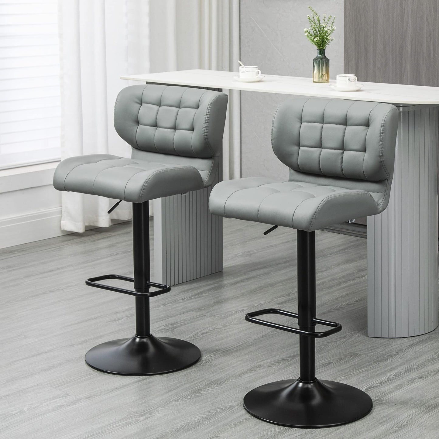 Adjustable Bar Stools Set of 2, Swivel Tufted Velvet Fabric Barstools with Footrest and Back, Bar Chairs for Kitchen Counter and Dining Room, Grey