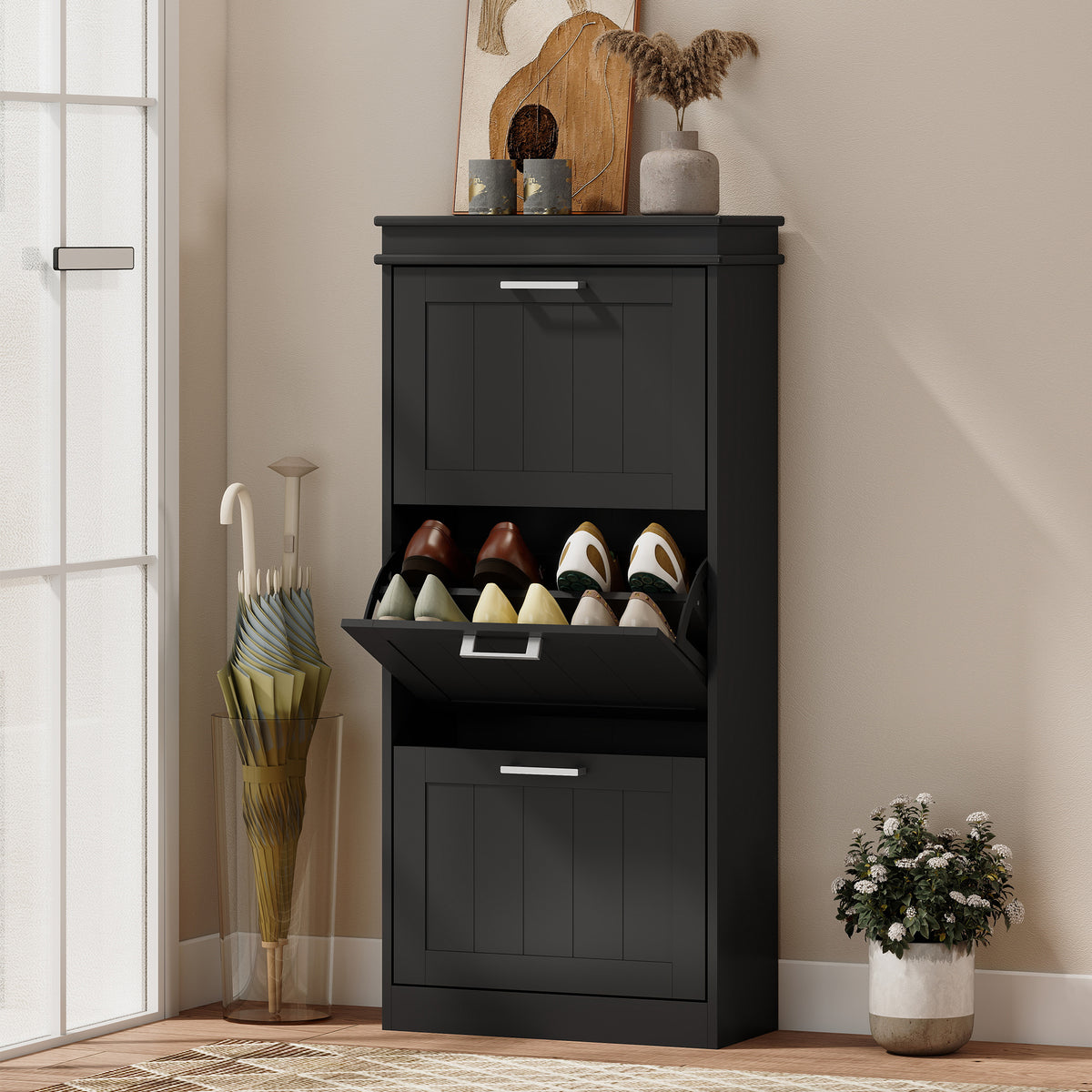 Slim Shoe Cabinet with 3 Flip Drawers and Adjustable Shelves – 21"W x 46"H