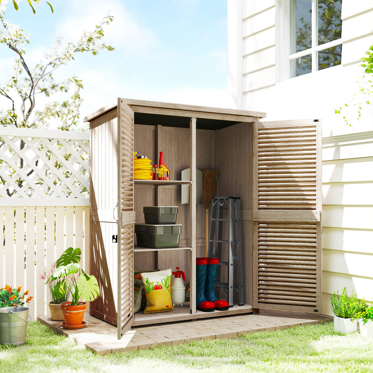 50" x 26" x 66" Wooden Garden Shed, Outdoor Storage Shed with Waterproof Asphalt Roof, Shelves