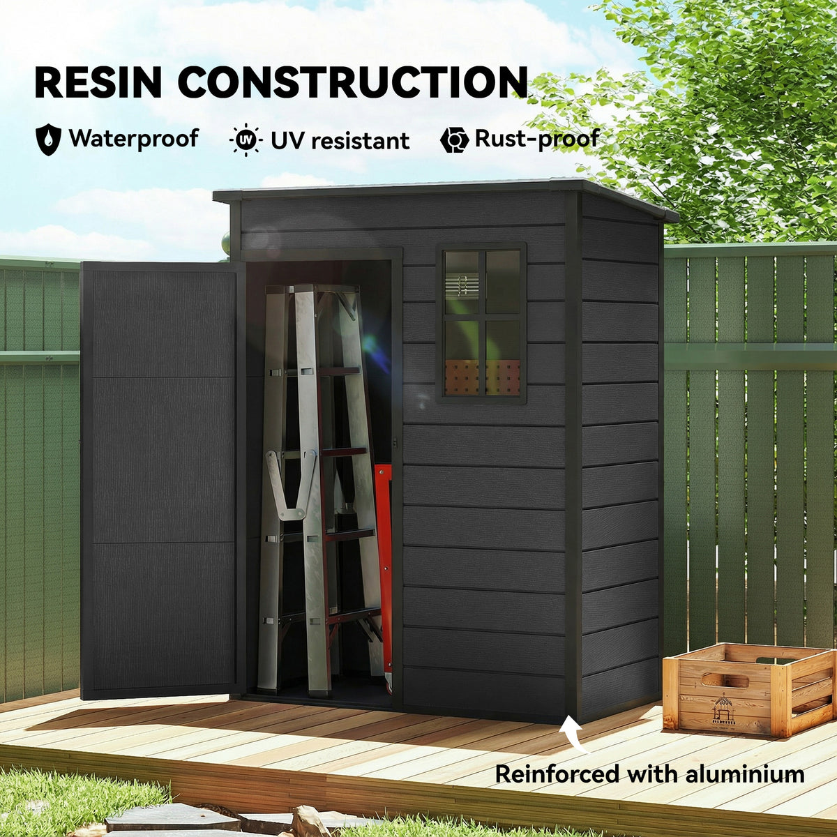 5 x 3FT Garden Shed with Floor, Outdoor Storage Shed with Lockable Door, Window and Vent for Backyard, Patio – Dark Grey
