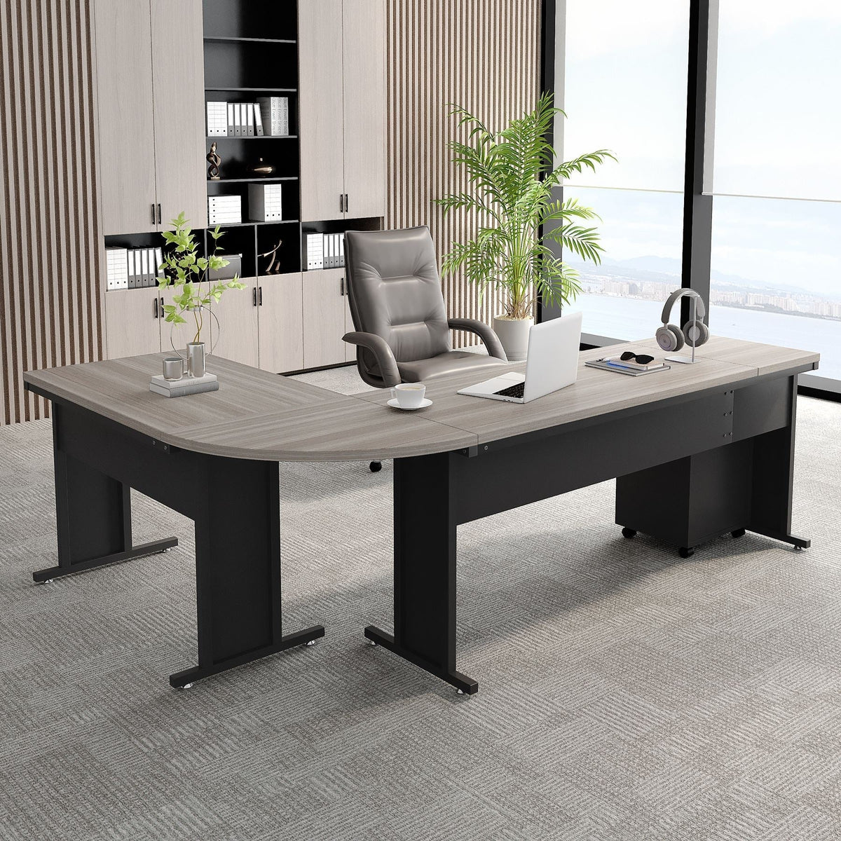 83" L-Shaped Desk, Industrial Corner Executive Desk with Mobile File Cabinet
