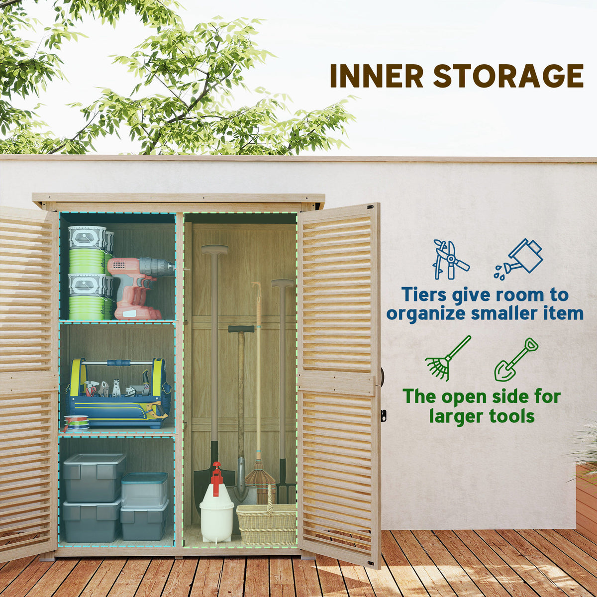 50" x 26" x 66" Wooden Garden Shed, Outdoor Storage Shed with Waterproof Asphalt Roof, Shelves