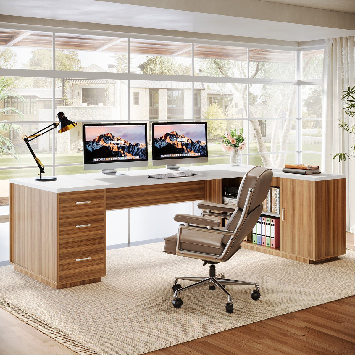 85.8" Executive Desk, L-Shaped Office Desk Computer Desk with File Drawers