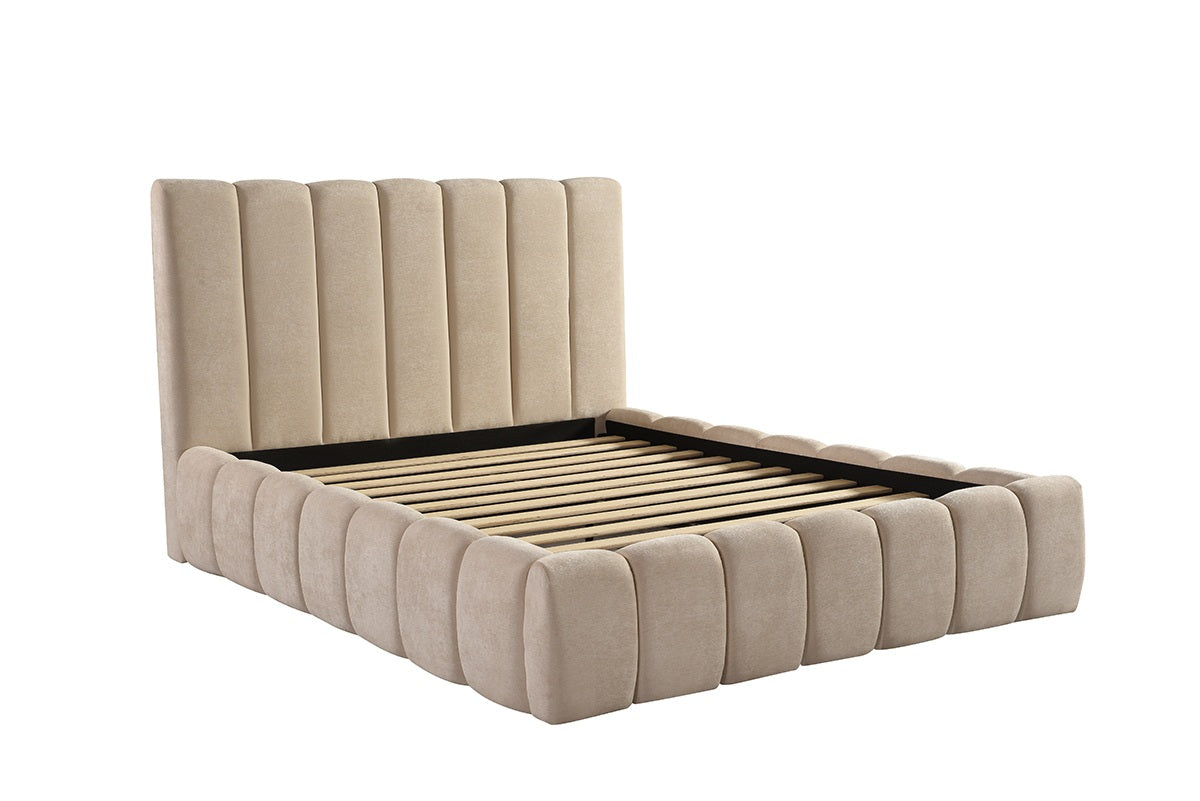 Channel-Tufted Bed Frame – Beige