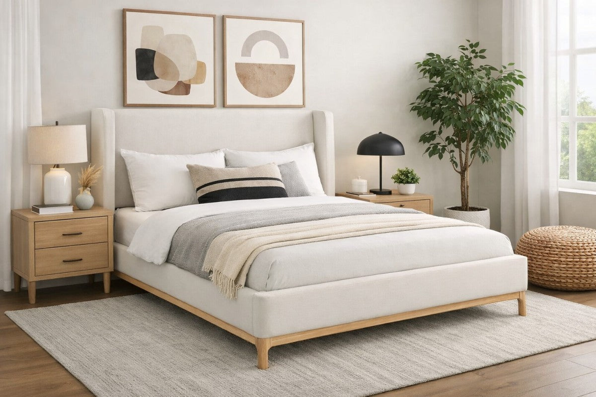 Wingback Solid Wood Bed Frame – Beige