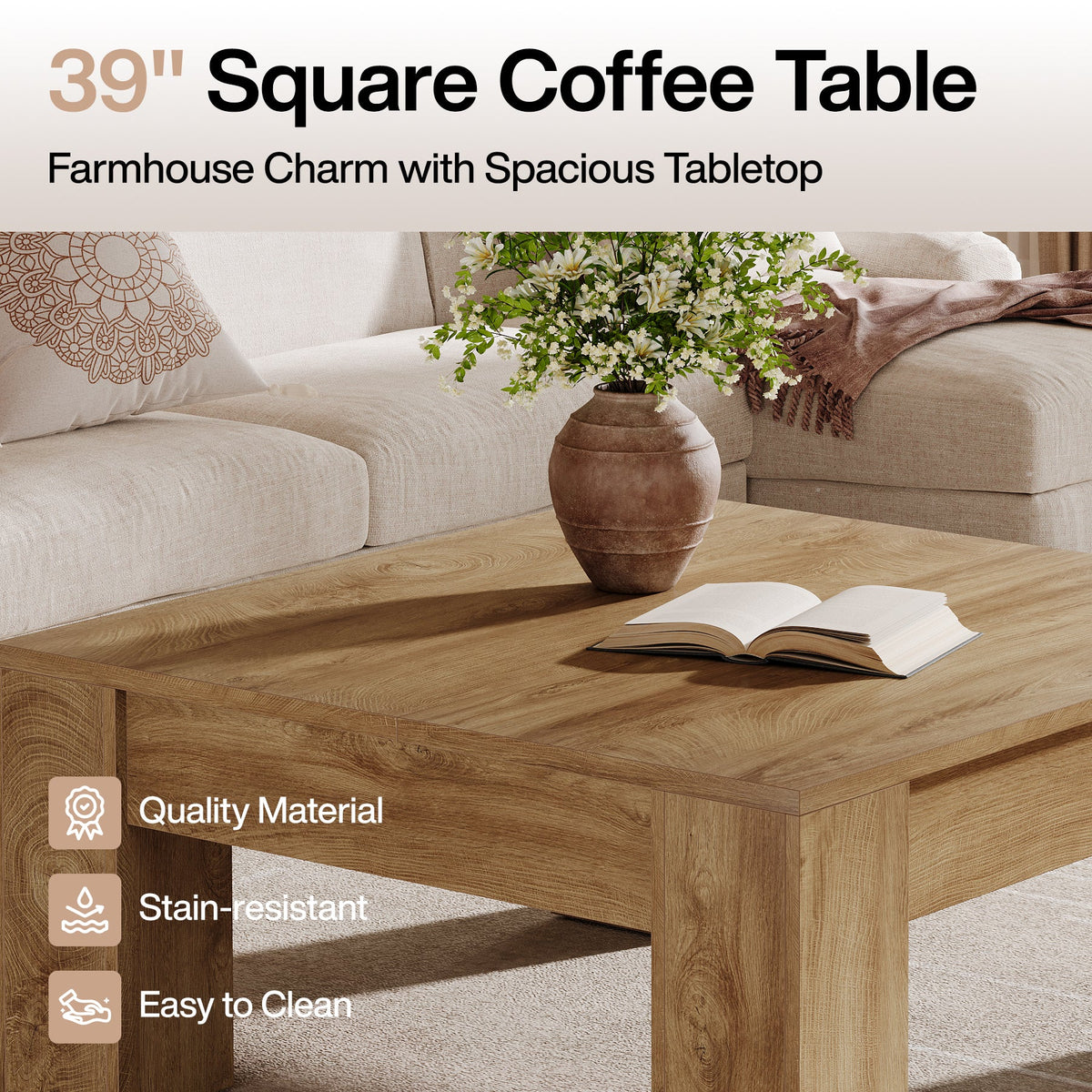 Square Coffee Table, 39" Farmhouse Center Table with Sturdy Legs