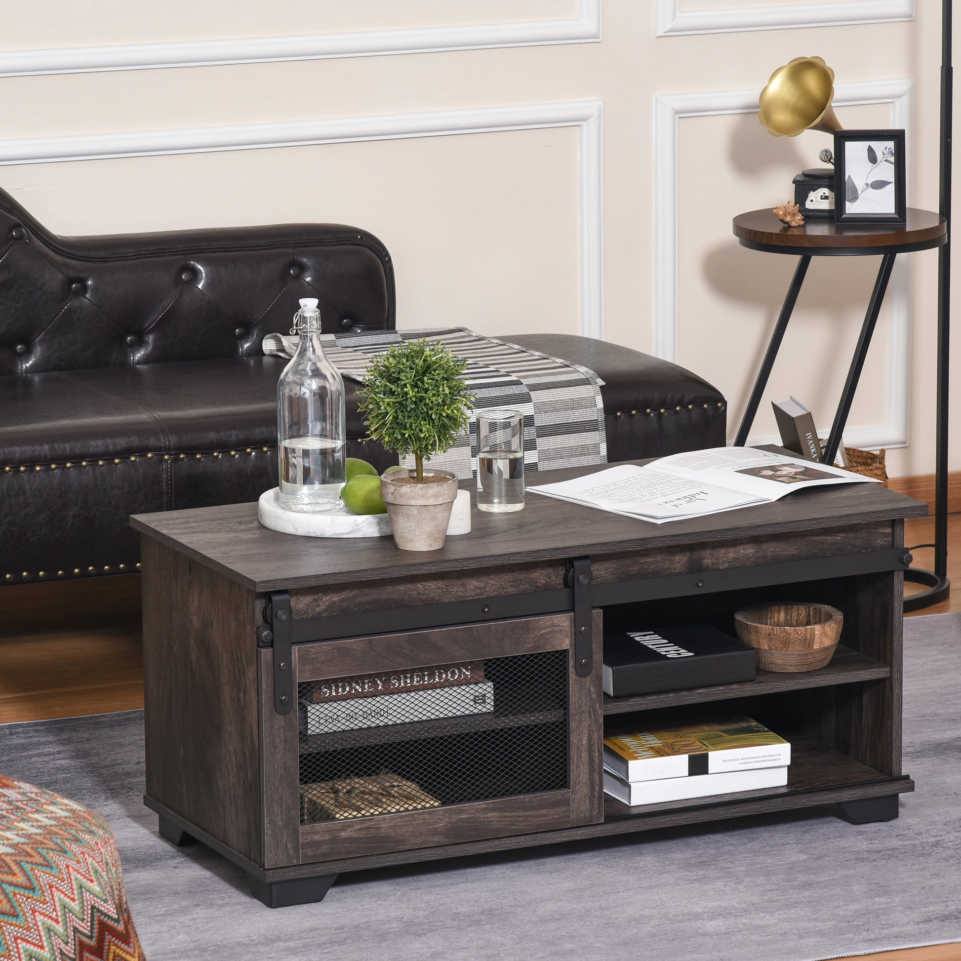 HOMCOM Farmhouse Industrial Coffee Table with Sliding Barn Door, Adjustable Shelf, Dark Brown