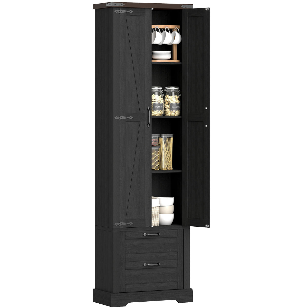 Farmhouse Kitchen Storage Cabinet with 2 Drawer and Adjustable Shelves – 24"W x 71"H