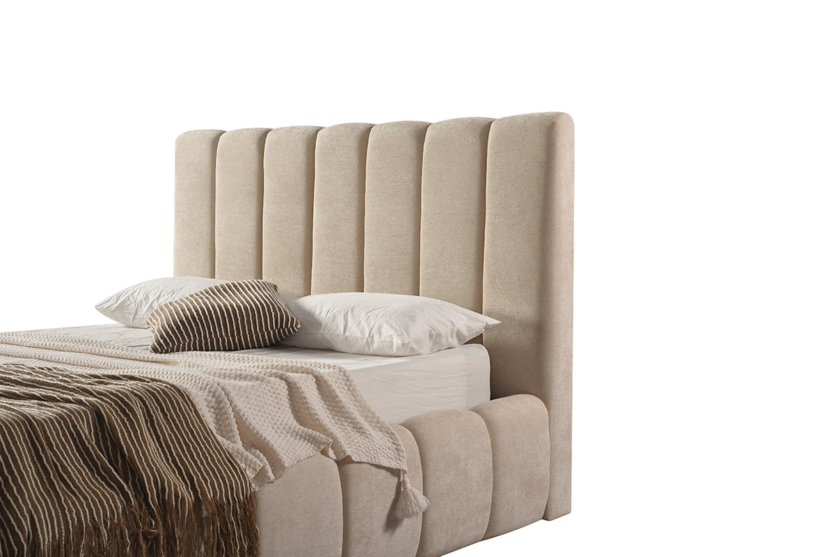 Channel-Tufted Bed Frame – Beige