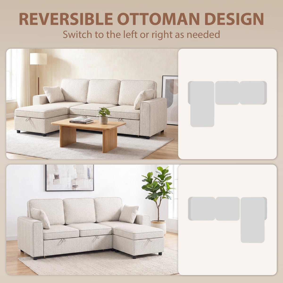Modular Sleeper Sectional with Reversible Storage Ottoman