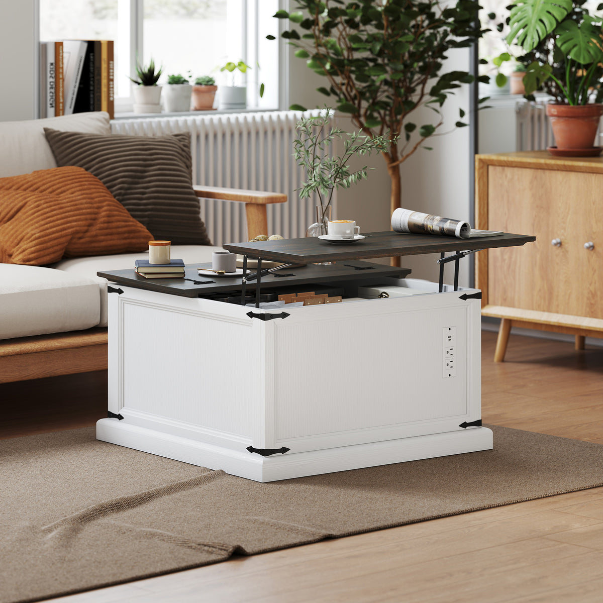 Square Lift-Top Coffee Table with Charging Station and Hidden Storage