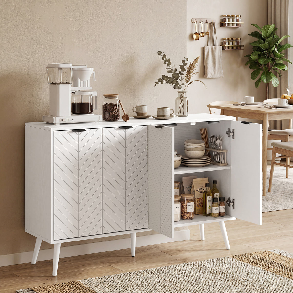 Modern Sideboard and Buffet with Adjustable Shelves and 4 Doors – 47"W x 30"H