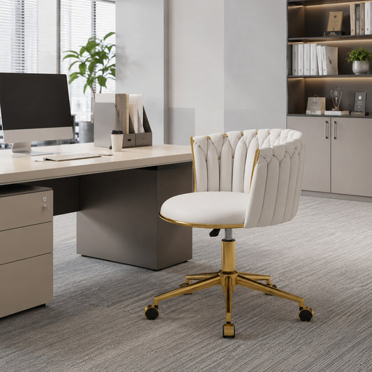 Office Chair, Vanity Chair with Woven Back, Adjustable Height, Rolling Wheels, Cream White