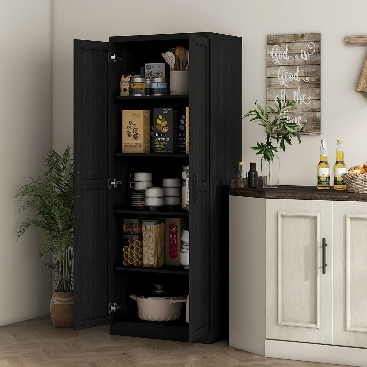 5-tier Pantry Cabinet with Doors and Adjustable Shelves – 24"W x 63"H