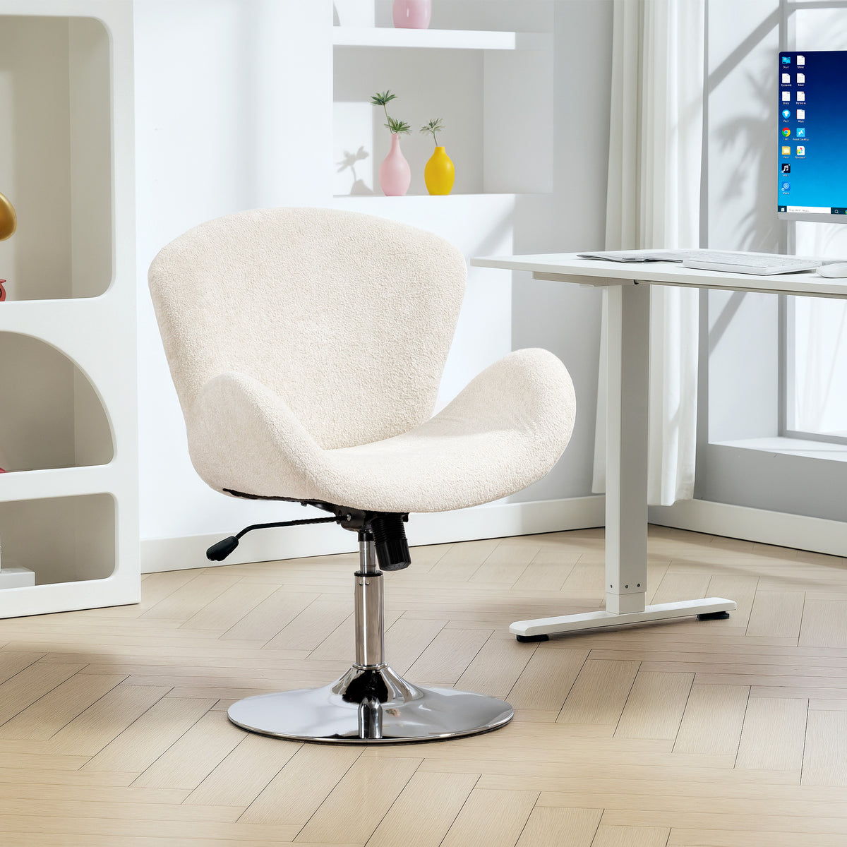 Swivel Office Chair, Velvet Desk Chair with Wide Bucket Seat, Butterfly Back, Cream White