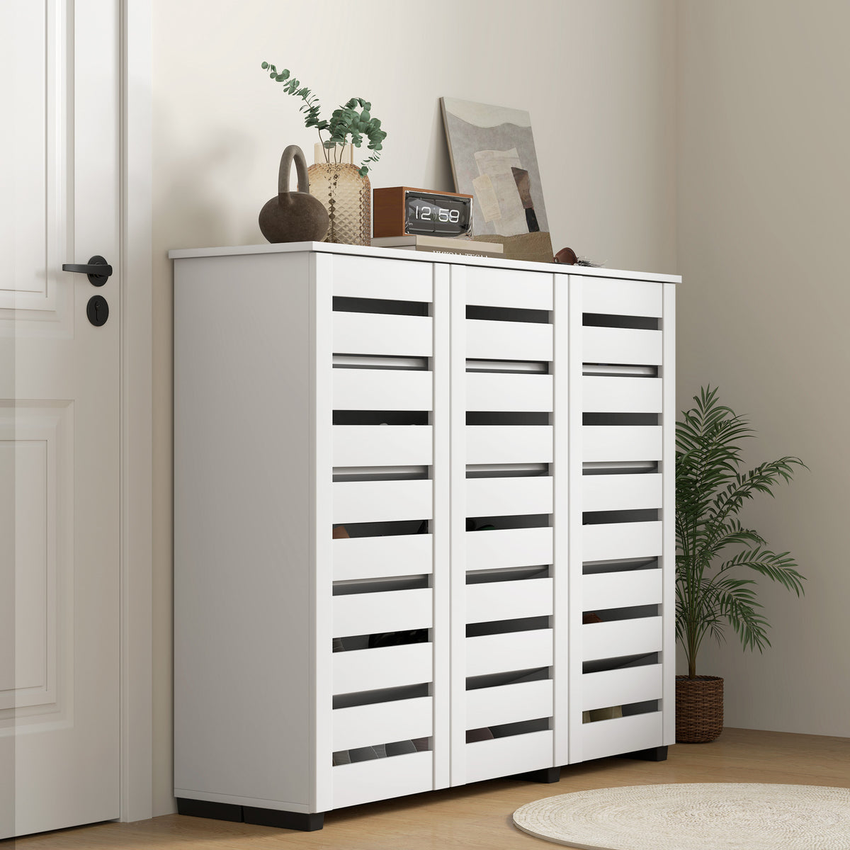 Wide Shoe Cabinet with Slatted Doors – 45"W x 39"H