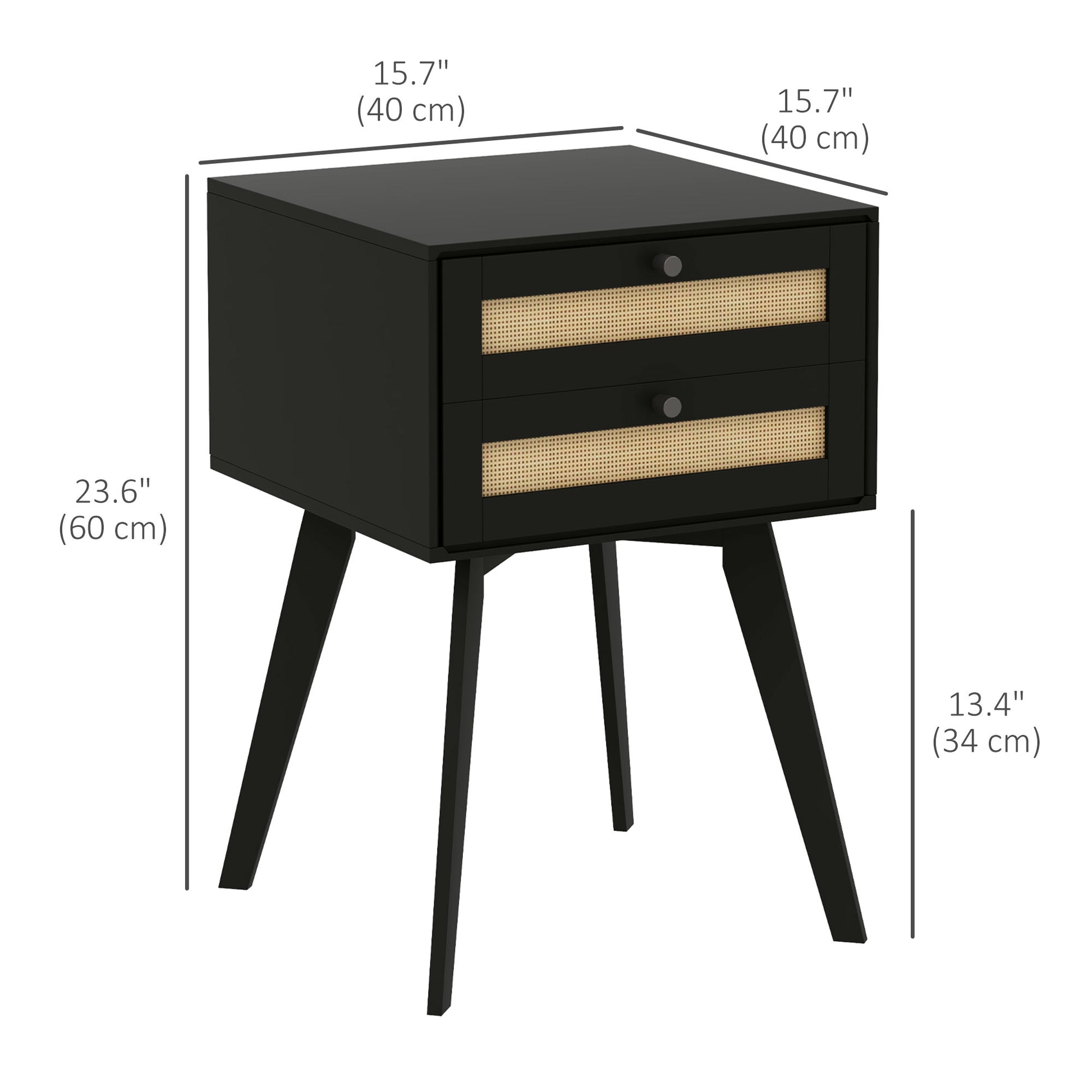 HOMCOM Boho Nightstands Set of 2 with Rattan Drawers, Square Bedside Tables