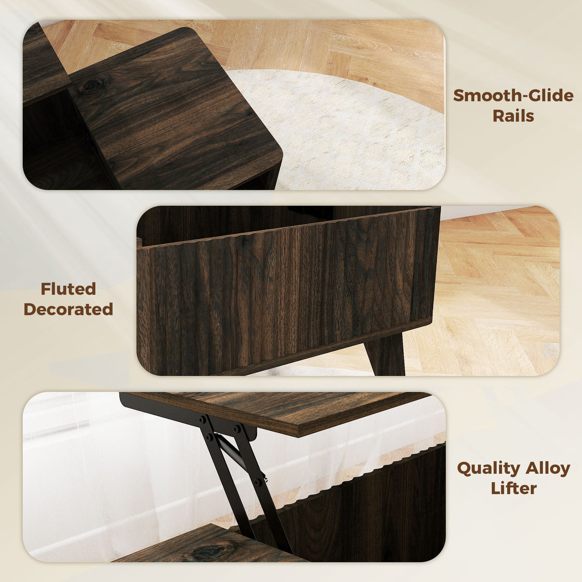 HOMCOM 40" Fluted Lift Top Coffee Table with Storage, Mid-Century Coffee Table with Hidden Compartment, Open Shelf, Walnut