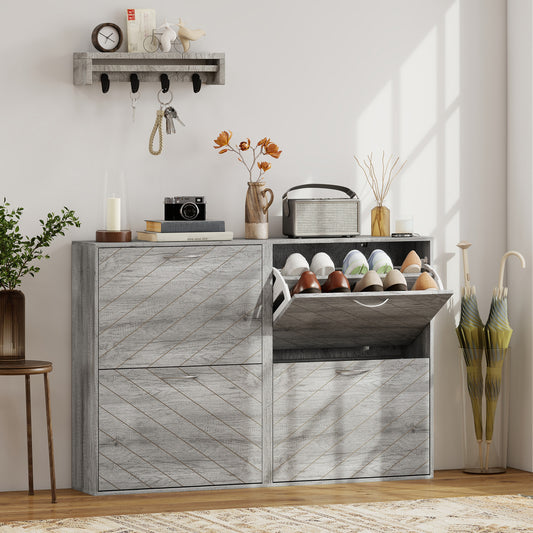 HOMCOM Slim Grey 4-Drawer Flip Shoe Cabinet 12 Pair Entryway Organizer