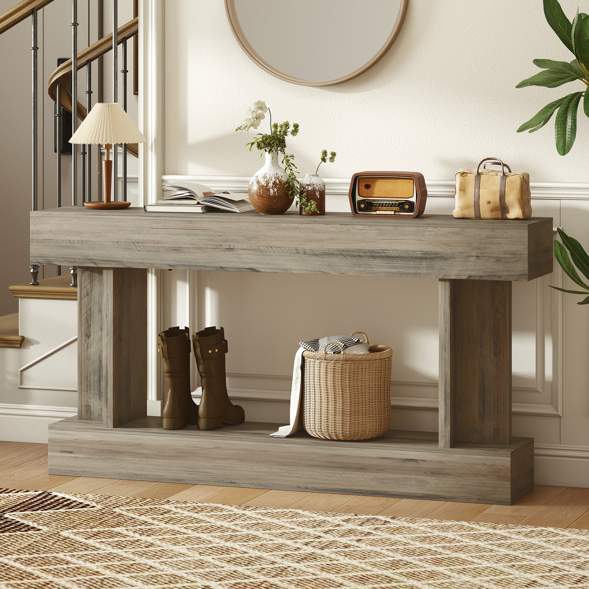 63" Long Vintage Console Table with Storage Shelf, Light Brown