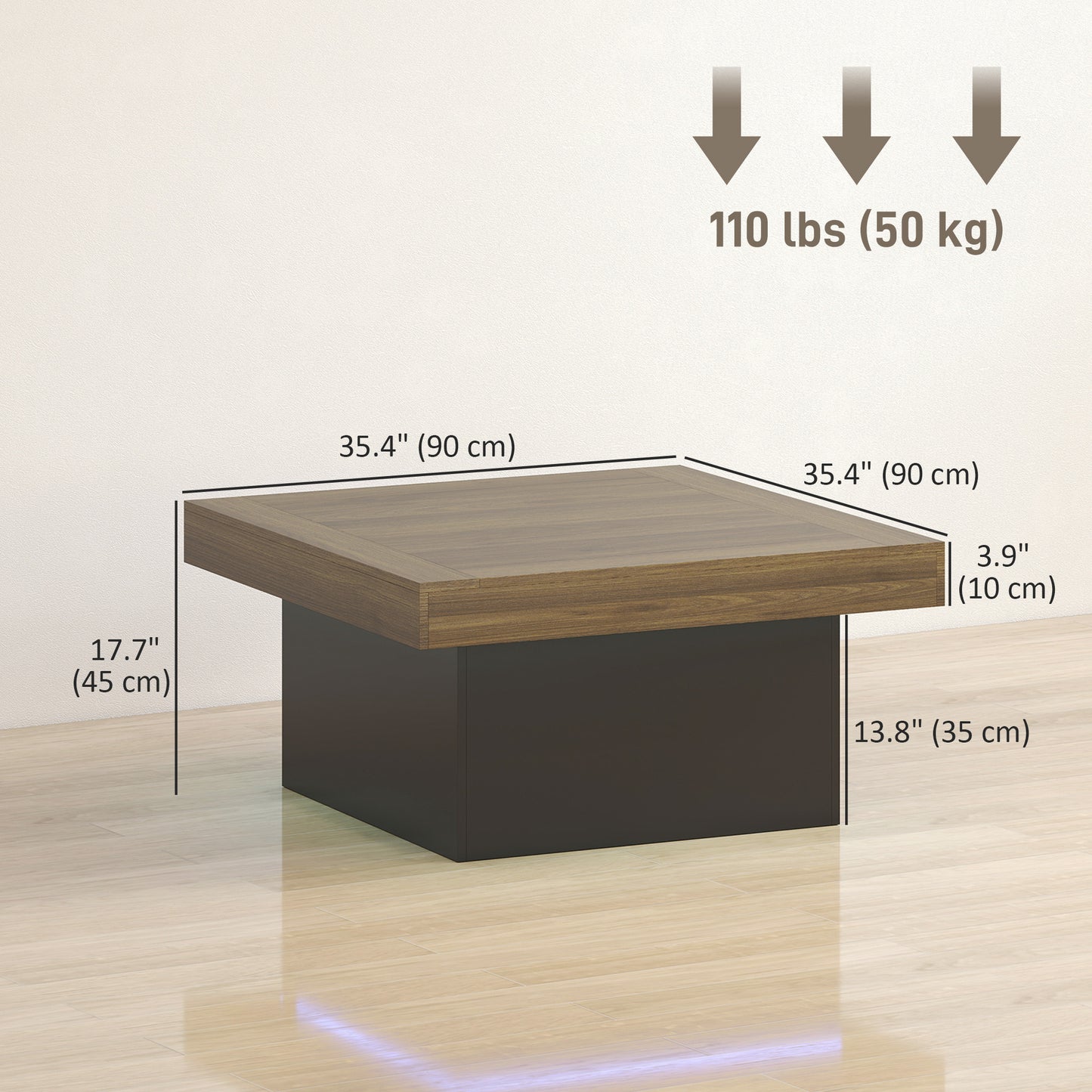 HOMCOM Modern Square Coffee Table with RGB LED Lights, Walnut Finish
