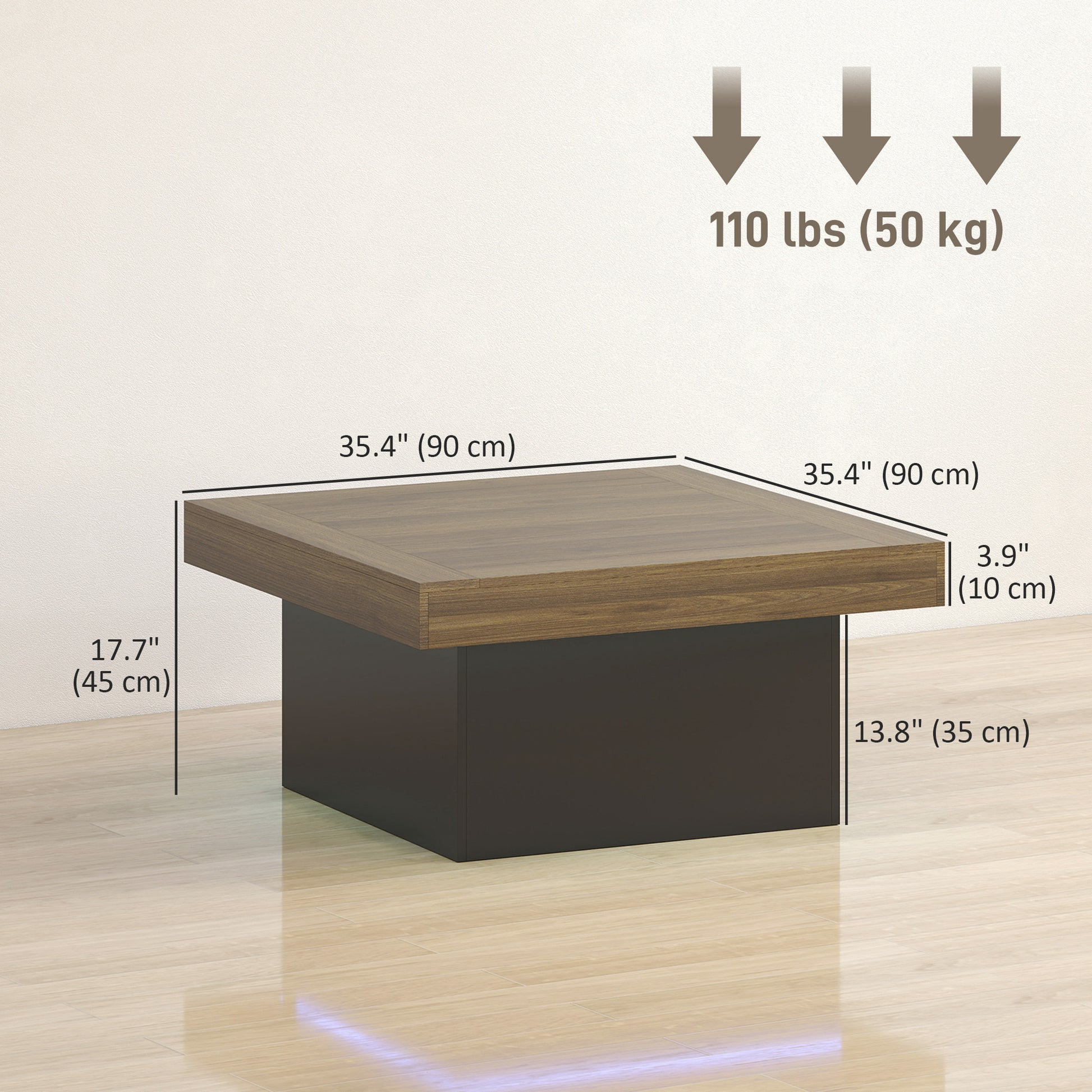HOMCOM Modern Square Coffee Table with RGB LED Lights, Walnut Finish
