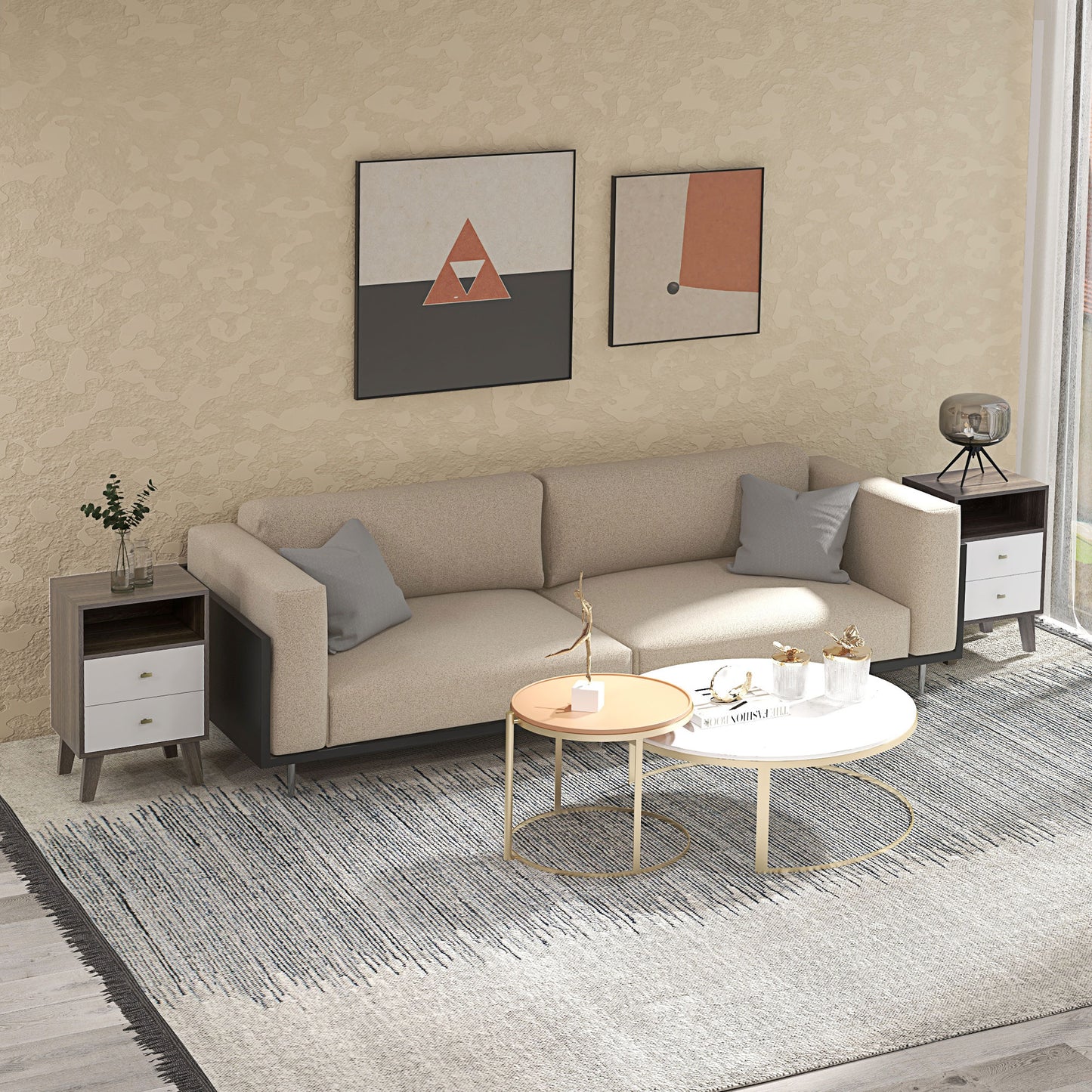 HOMCOM Modern Grey White Nightstand Set, 3 Drawers, Open Storage