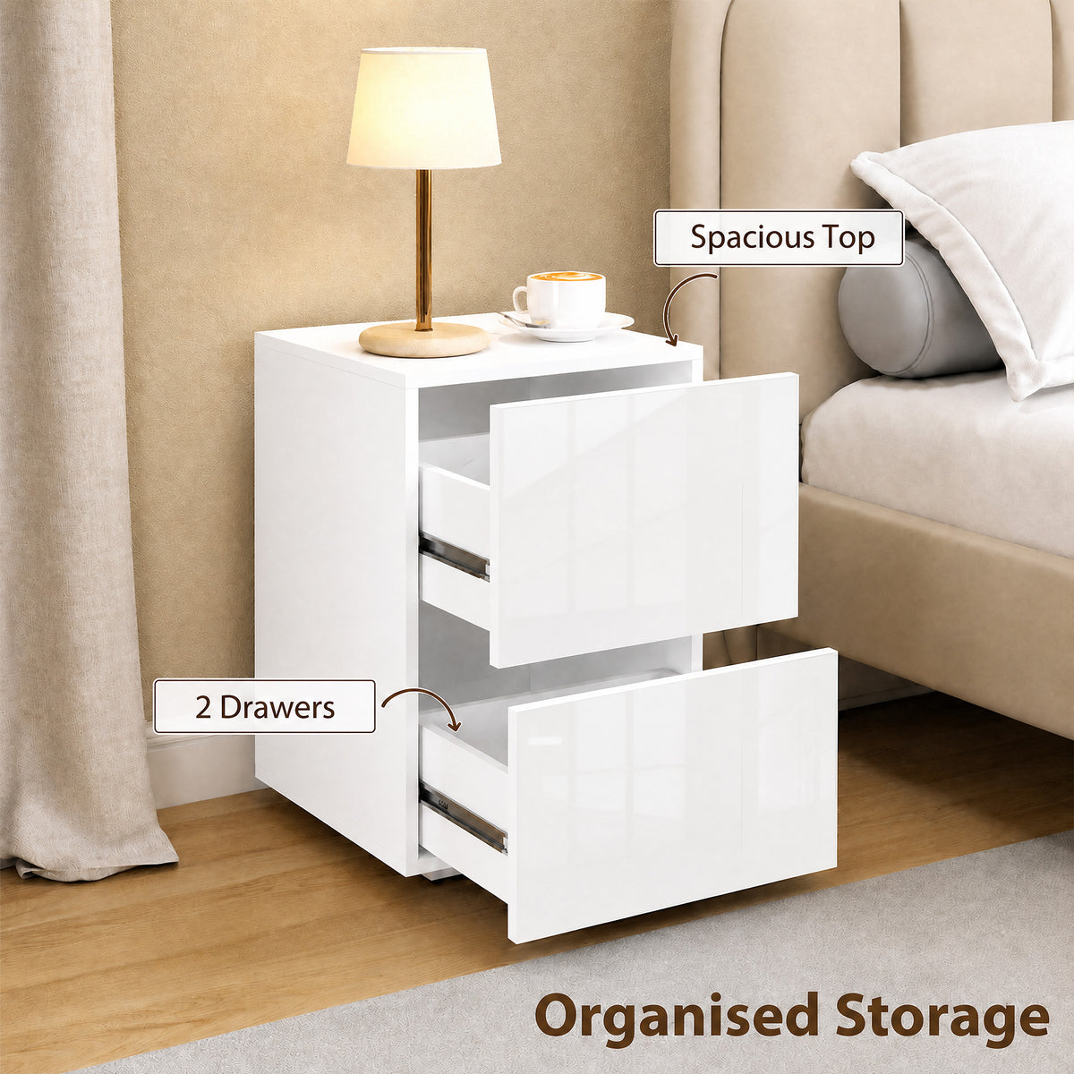 High Gloss 2-Drawer Nightstands, Set of 2 – 16"W x 23"H
