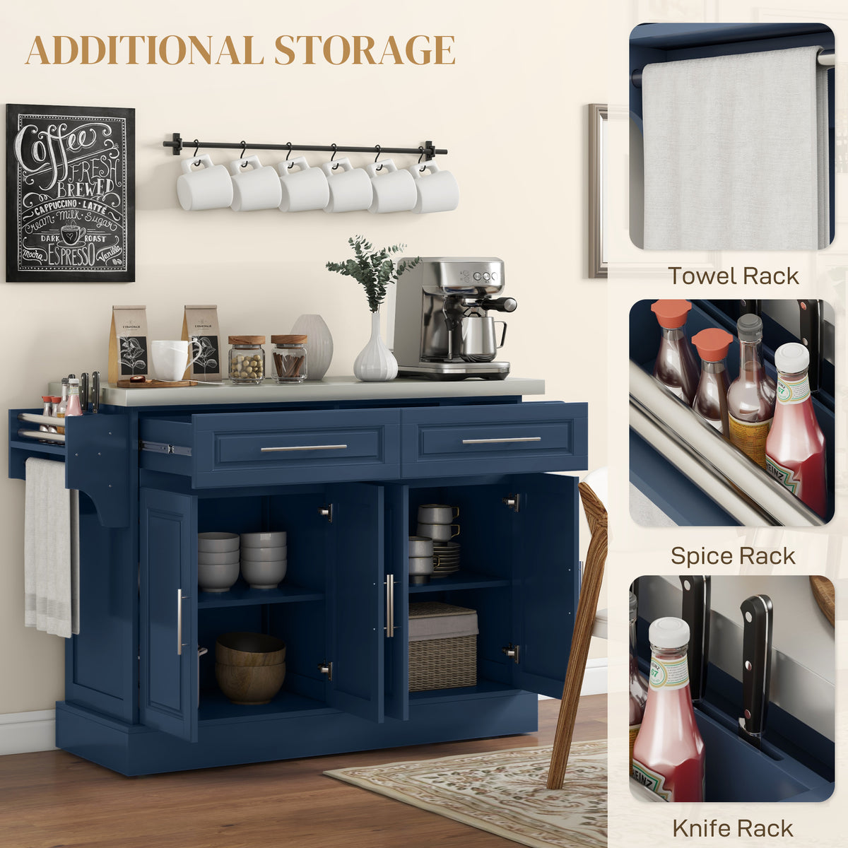 Rolling Kitchen Island with Stainless Steel Top – 57"W x 37"H