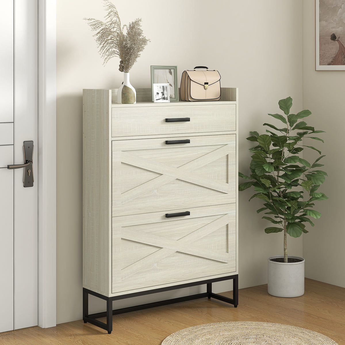 Slim Shoe Storage with 2 Flip Drawers and Adjustable Shelves – 32"W x 45"H