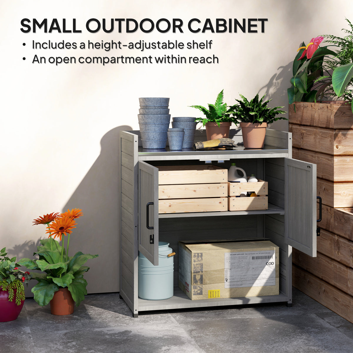 2-in-1 Outdoor Storage Cabinet, Wood Garden Shed with Shelves, Vent Holes, Foot Caps for Backyard, Patio, Lawn