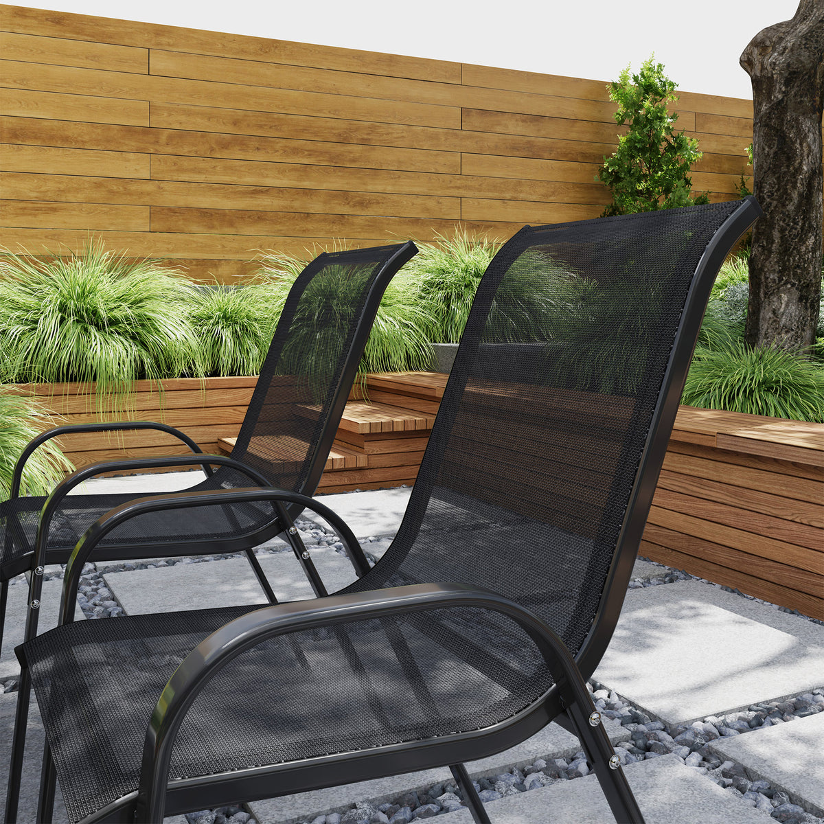 Set of 4 Outdoor Dining Chairs, Stackable Lawn Chairs with High Back, Breathable Mesh Seat for Garden Porch – Black