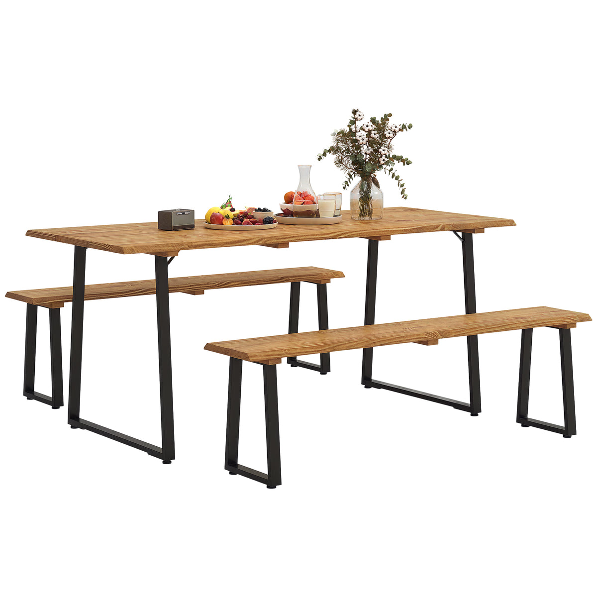 Picnic Table and Bench Set for 6 Persons with 2" Umbrella Hole, Slatted Top & Steel Frame, for Party, BBQ, Patio, Lawn