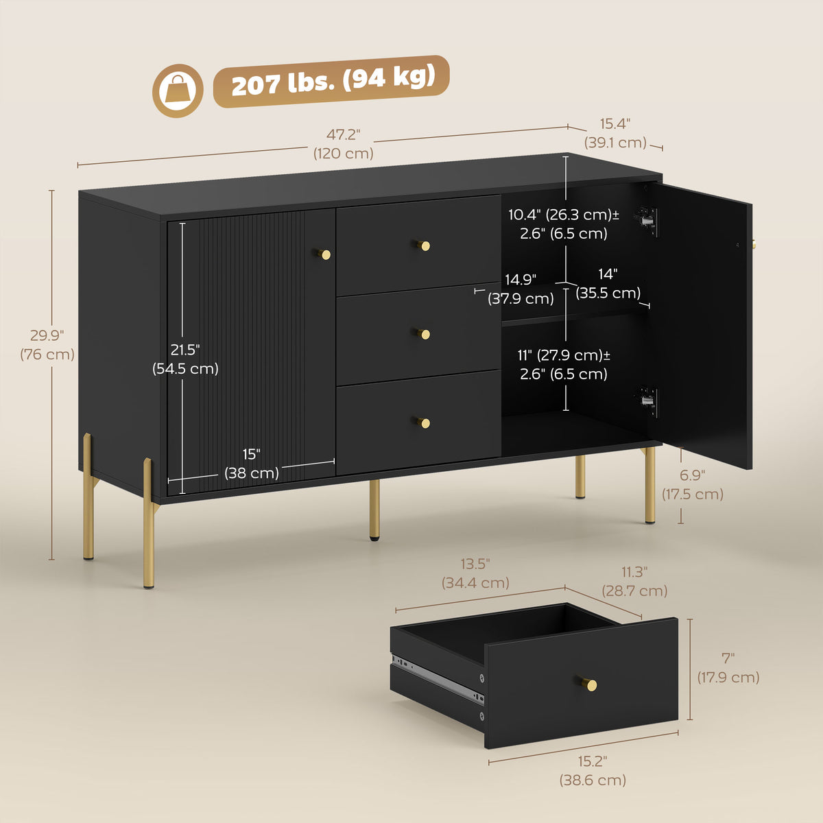 Modern Sideboard with 3 Soft-Close Drawers and 2 Adjustable Shelves – 47"W x 30"H