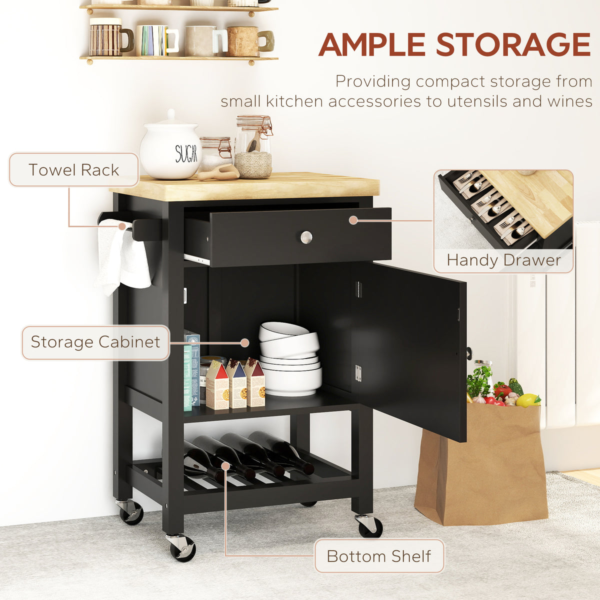 Rolling Kitchen Cart with Wood Top – 25"W x 35"H