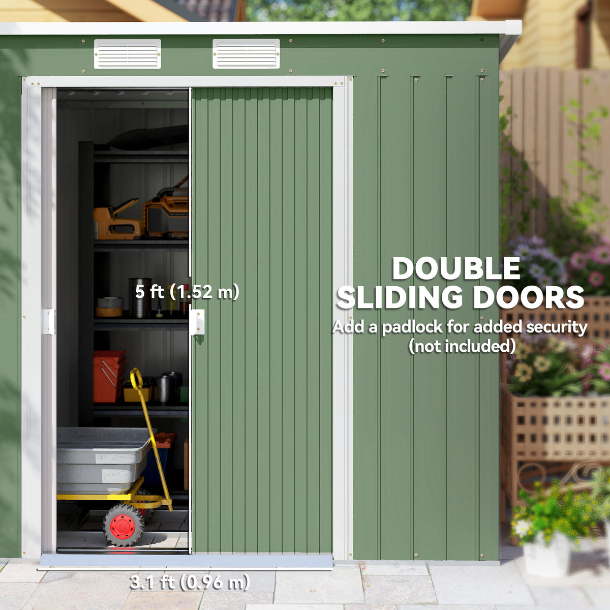 7 x 4ft Galvanised Steel Garden Shed, with Foundation Kit - – Green
