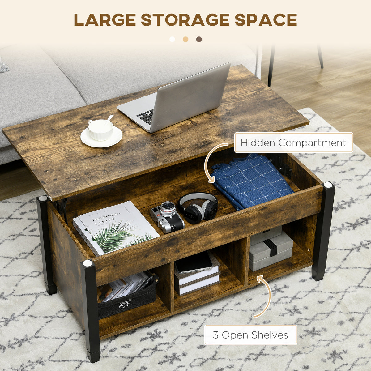 41" Lift-Top Coffee Table with Hidden Compartment and 3 Open Shelves