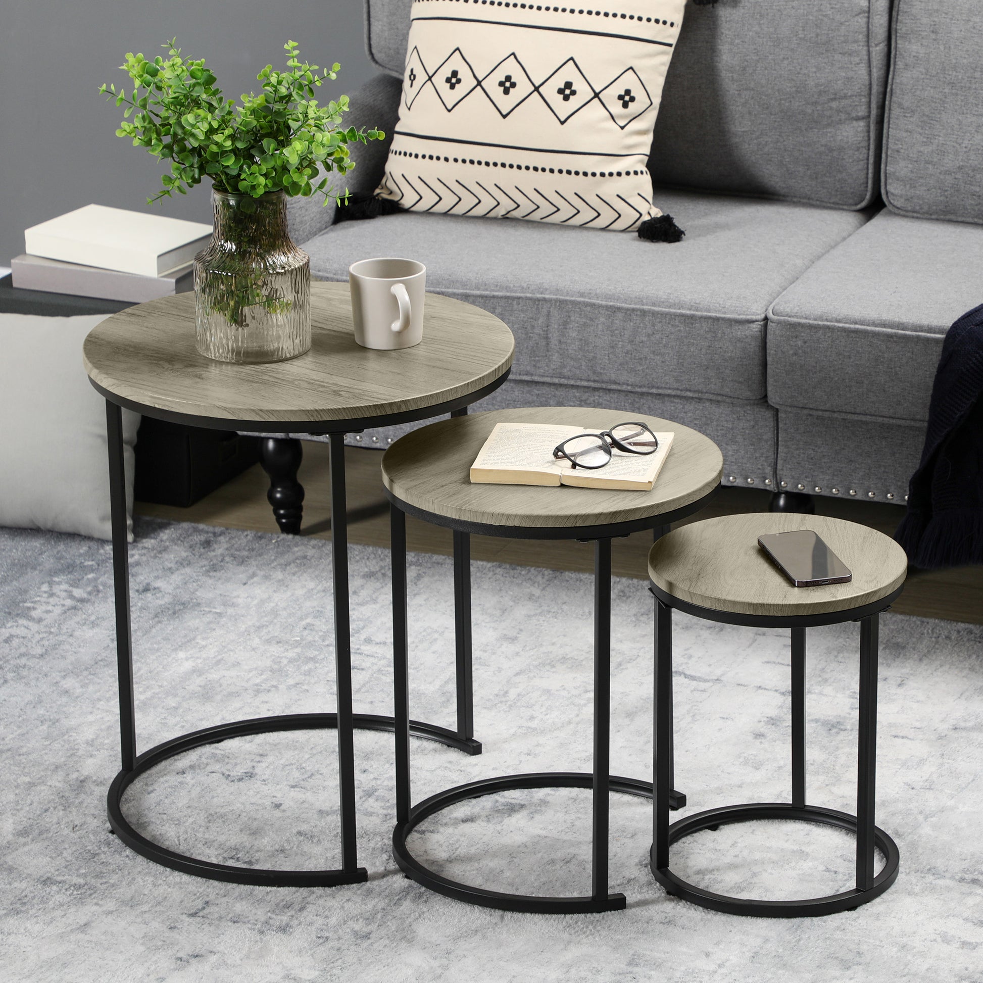 HOMCOM Modern 3-Piece Round Nesting Coffee Tables, Grey Wood Grain Design