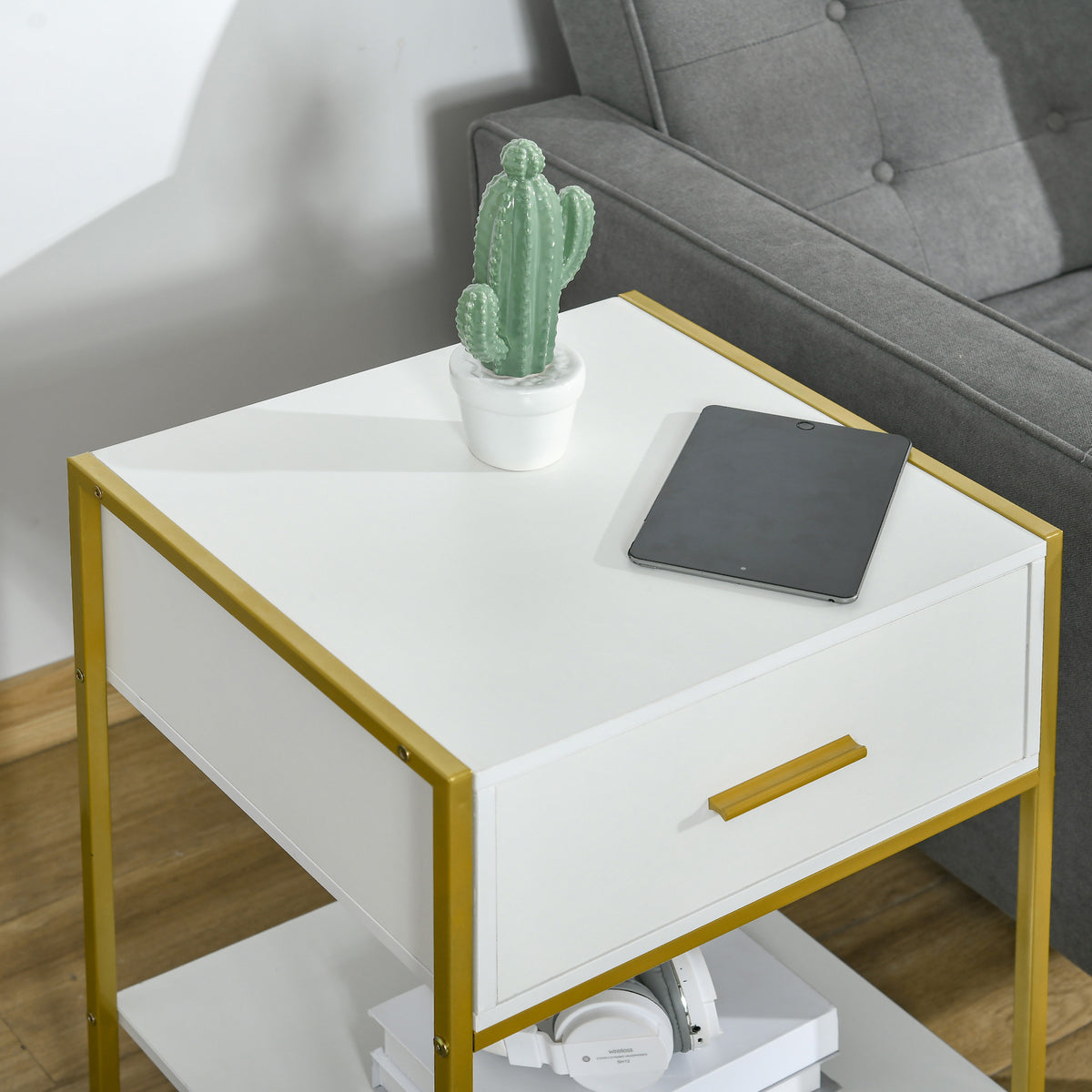Nightstands with Drawer, Shelf and Steel Frame, Set of 2 – 18"W x 24"H