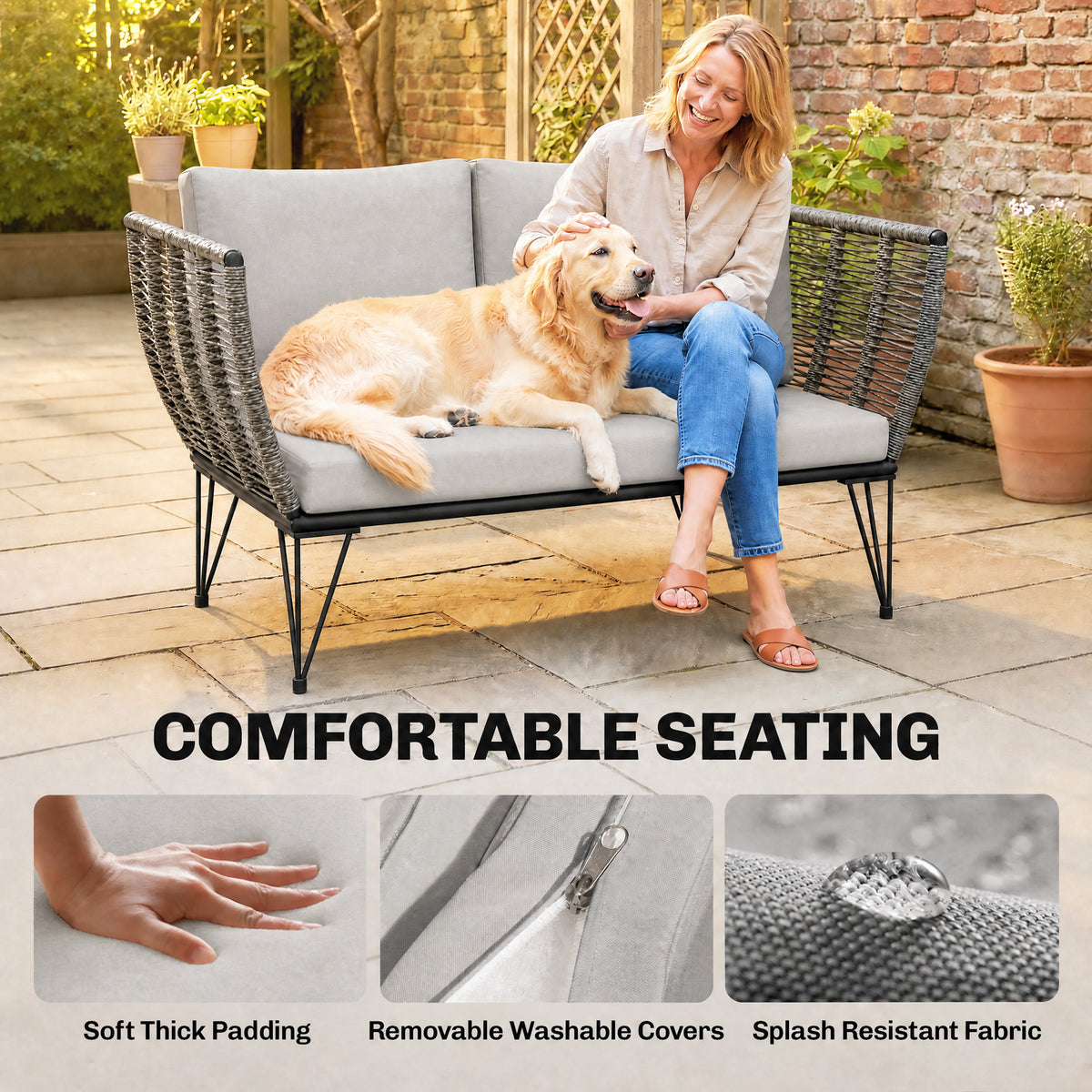 Outdoor Couch Patio Sofa with Cushions, 2 Seater Patio Furniture Loveseat with Galvanized Steel Frame