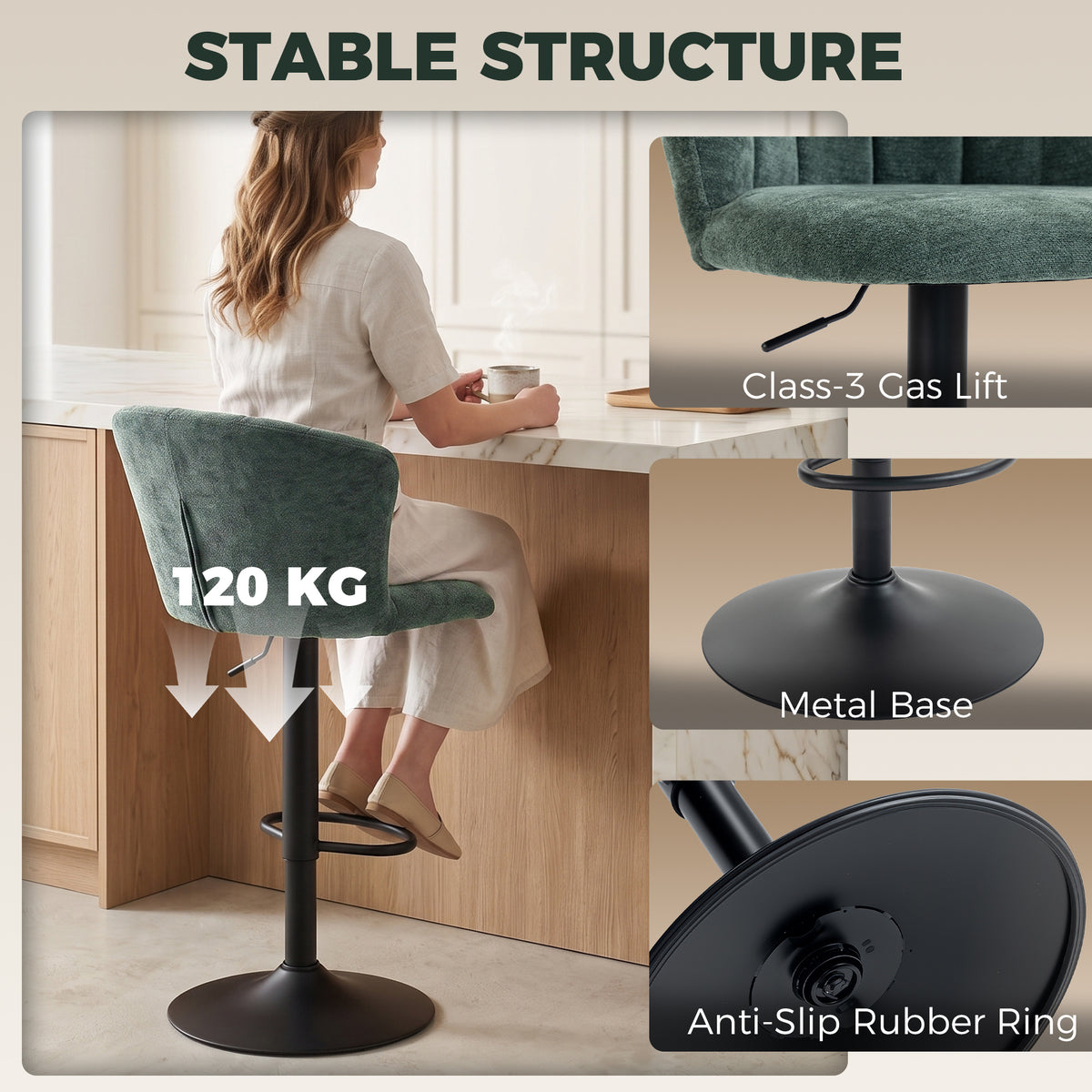 Chenille Adjustable Swivel Bar Stools with Back and Footrest, Set of 2, Dark Green