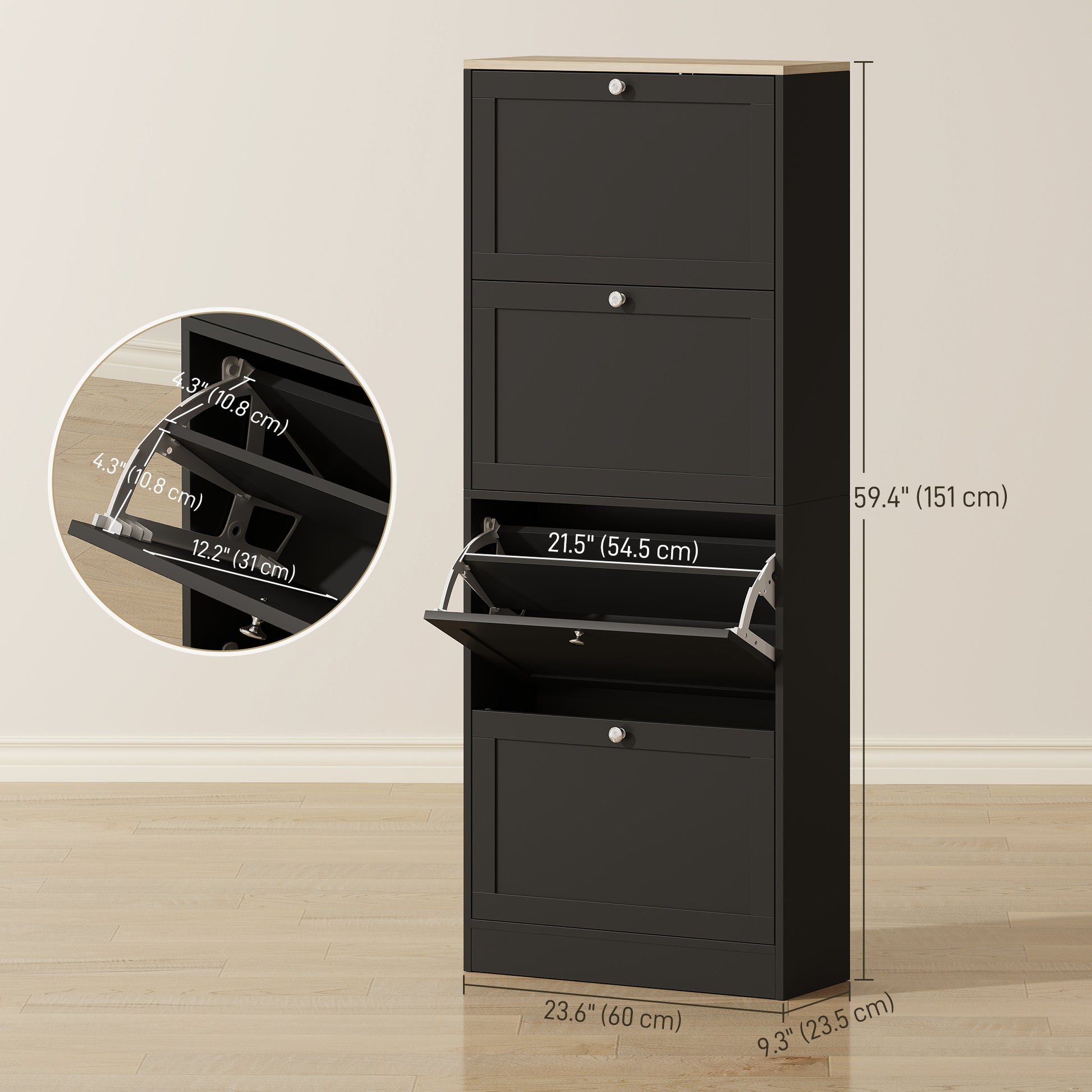 Space-Saving Black Shoe Cabinet: 4 Flip Drawers, Adjustable Shelves, 18-24 Pairs