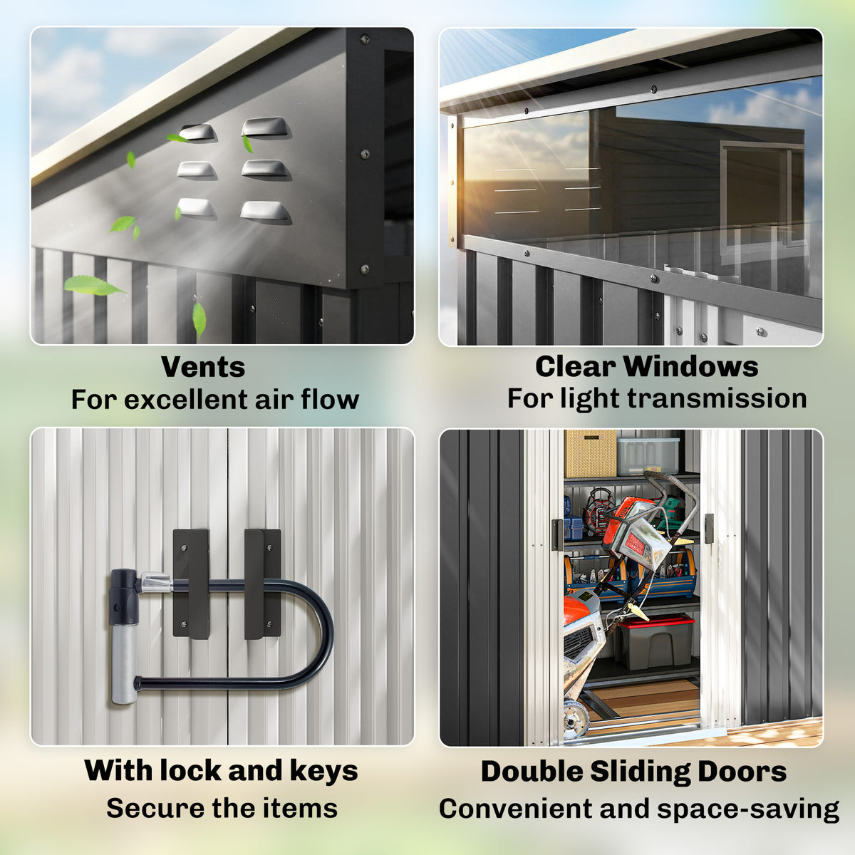 6.5 x 4 ft Garden Tool Shed, Galvanised Steel Outdoor Storage with Lockable Sliding Doors, Foundation Kit, Hooks & Vents – Grey