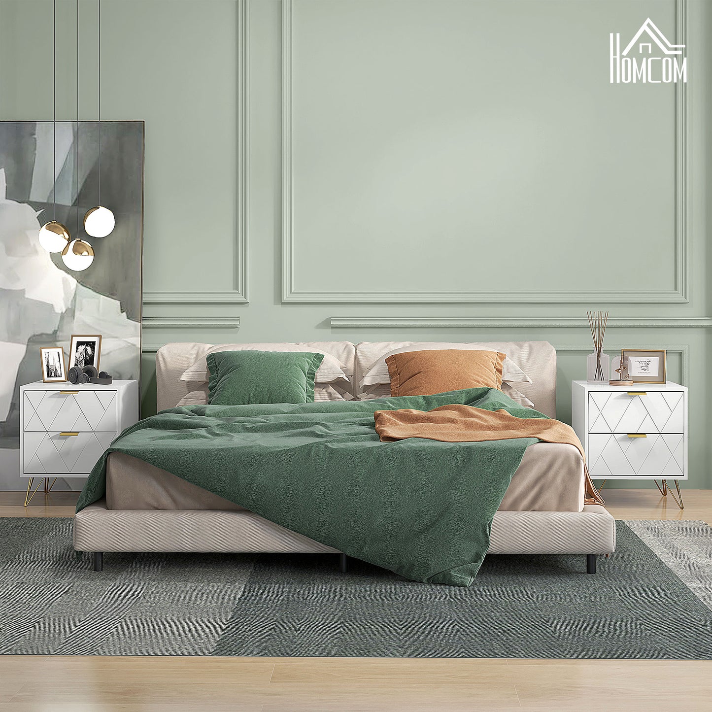 Modern White Bedside Table Accent Nightstand with 2 Storage Drawers, Hairpin Legs