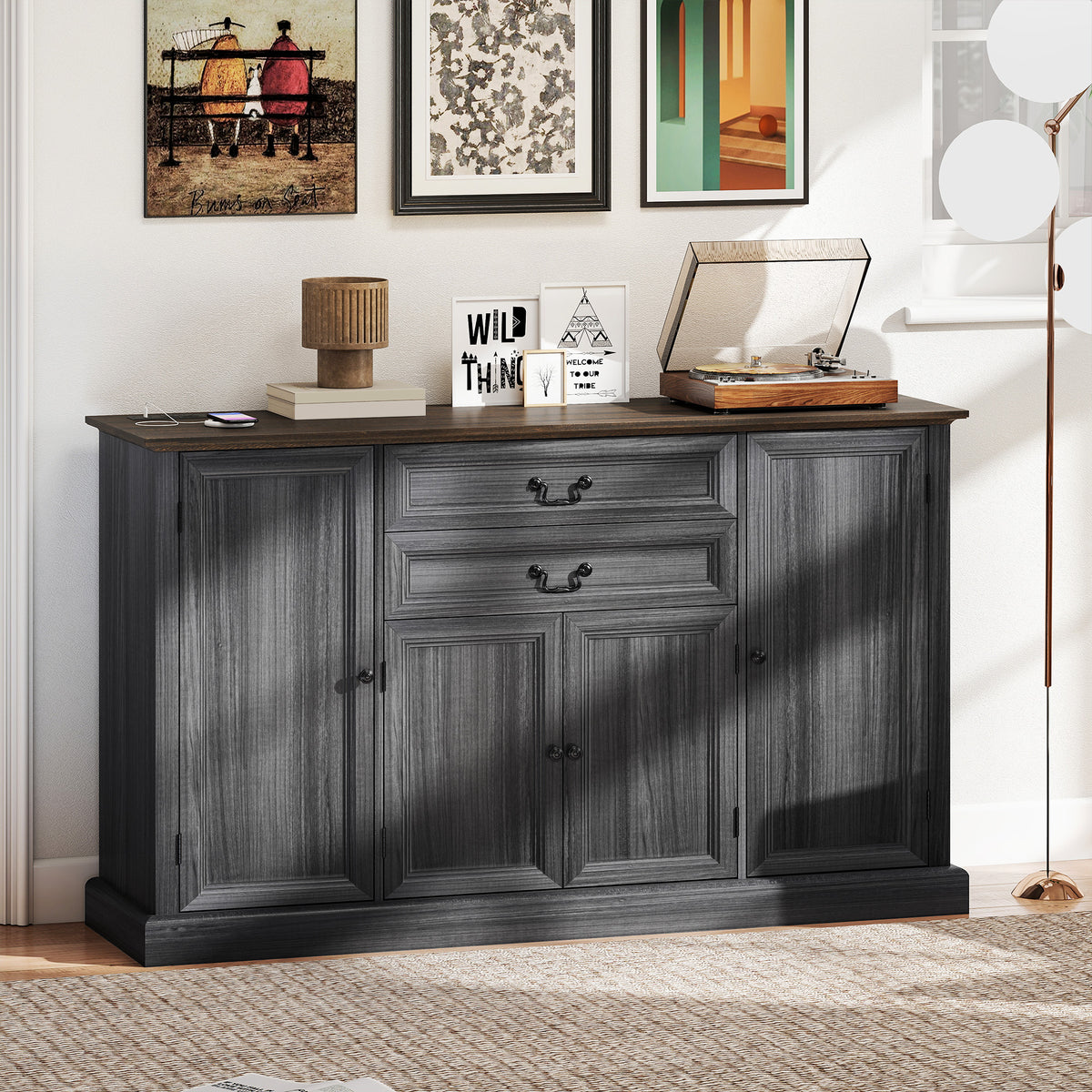 Farmhouse Sideboard with Charging Station and Thickened Top – 58"W x 34"H