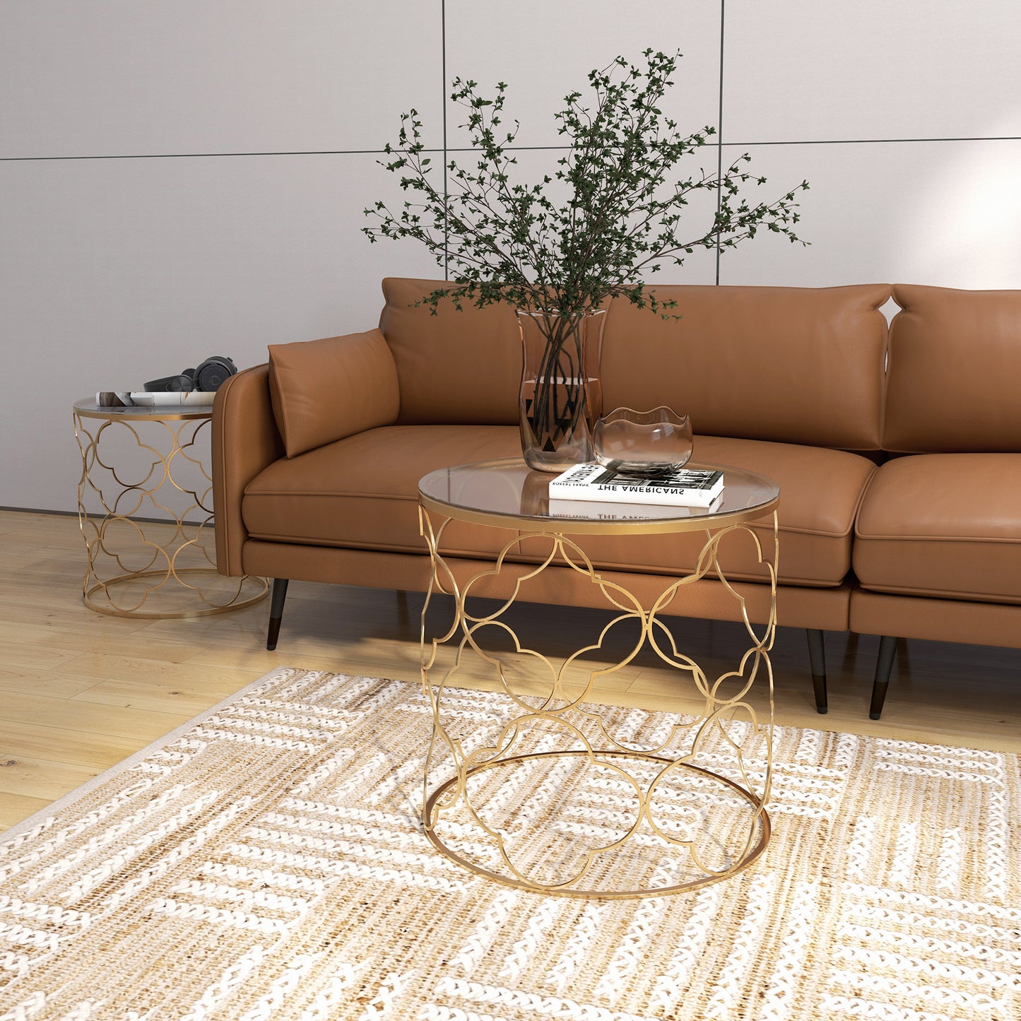 Elegant Gold Nesting Coffee End Table Set, 2 Round Tempered Glass Modern