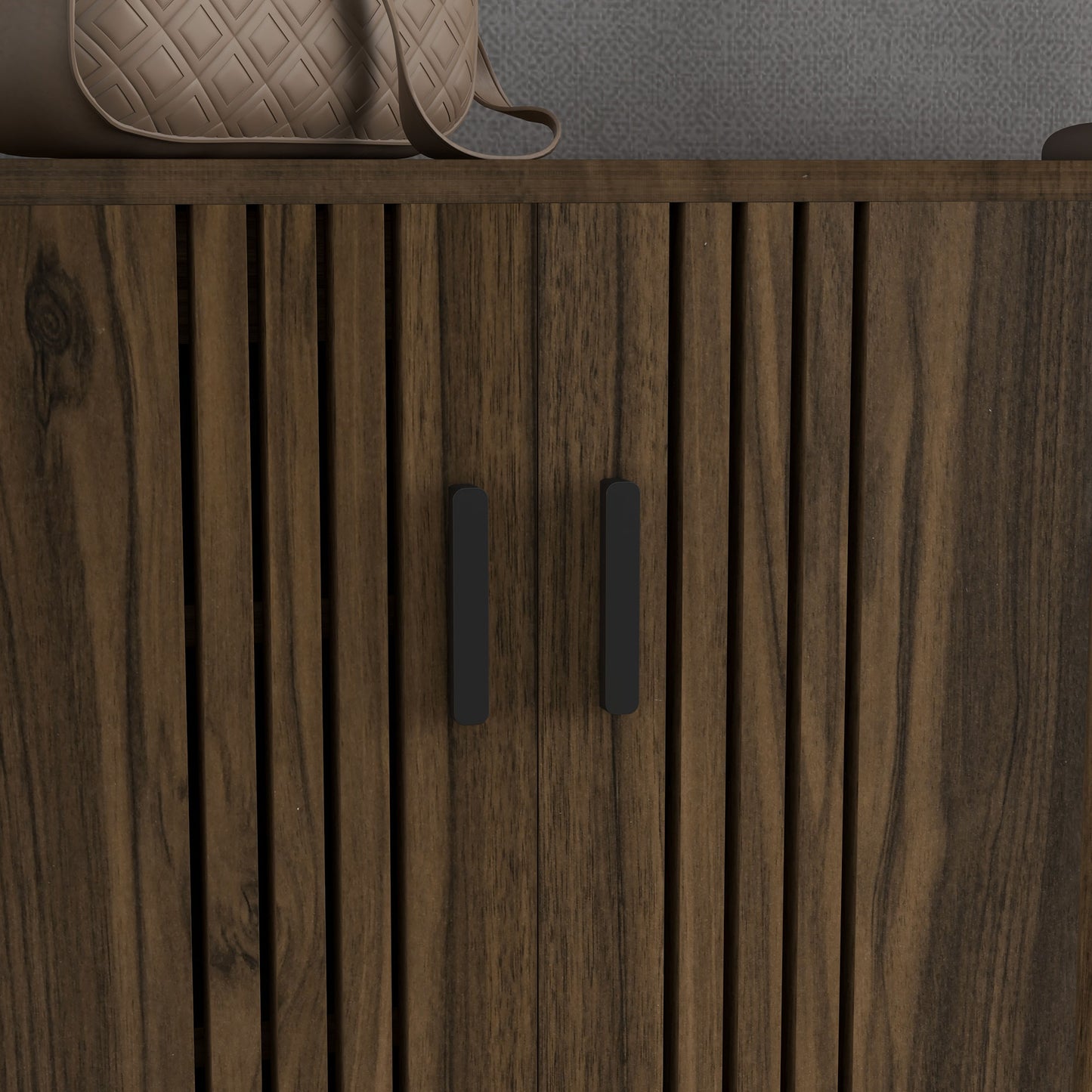 HOMCOM Walnut Shoe Storage Organizer with Double Doors and Open Shelves