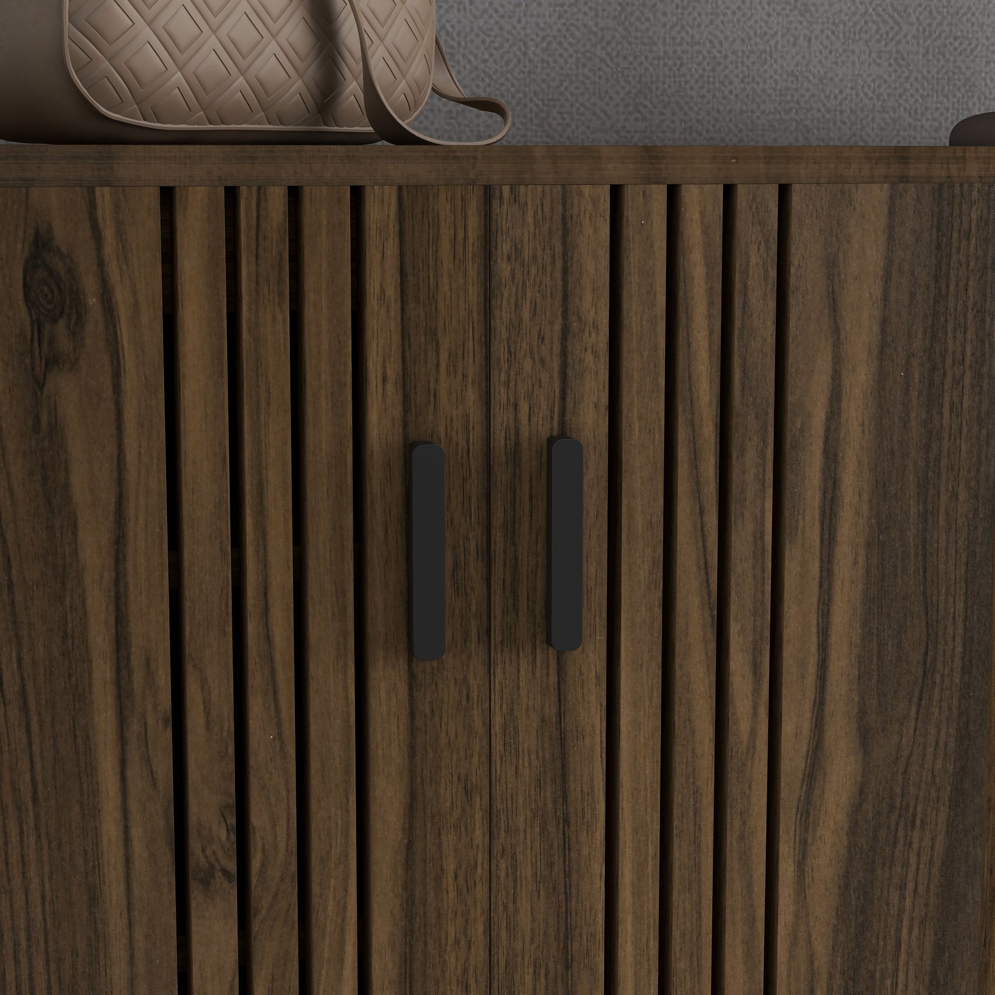 HOMCOM Walnut Shoe Storage Organizer with Double Doors and Open Shelves