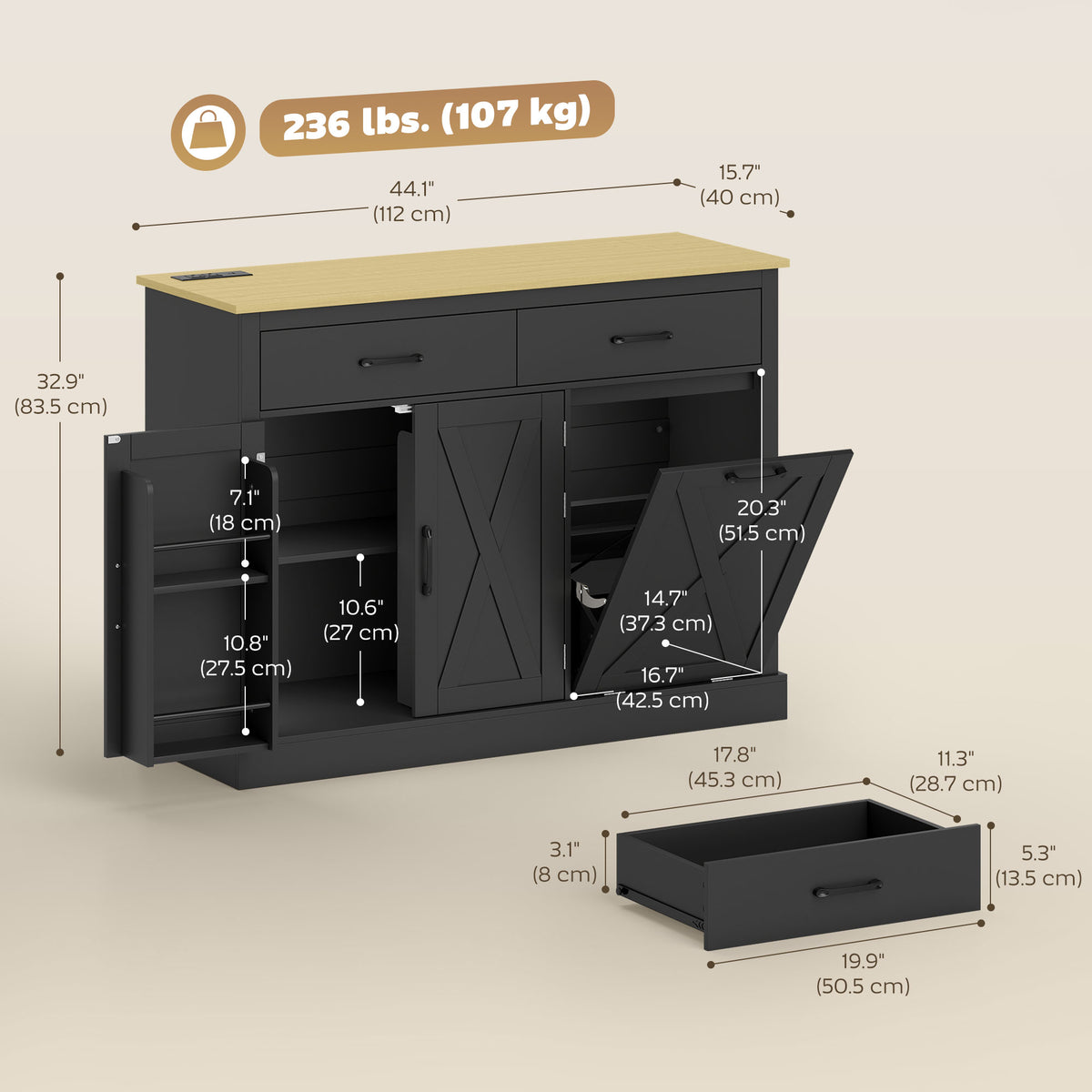 Kitchen Island with Charging Station – 44"W x 33"H